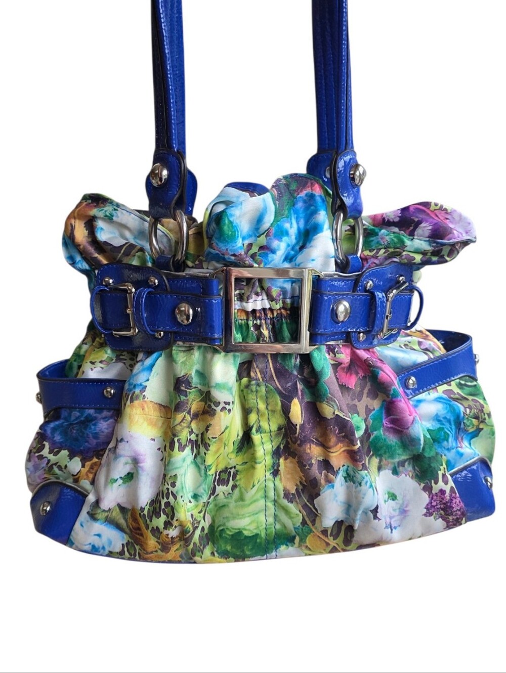 Wilsons Leather Y2K Floral Handbag Blue Patent Buckle Purse